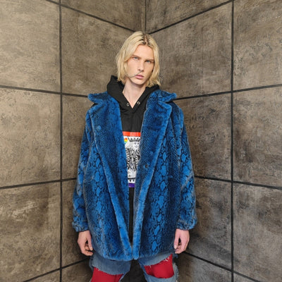 Luxury faux fur snake coat python print bomber handmade detachable fluffy jacket fleece puffer premium grunge trench in blue