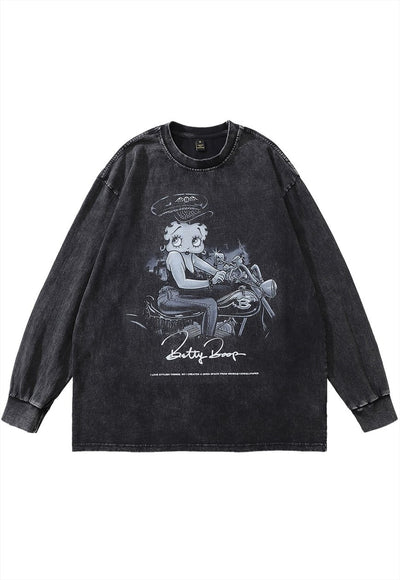 Vintage wash cartoon t-shirt Betty Boop long sleeve top grey