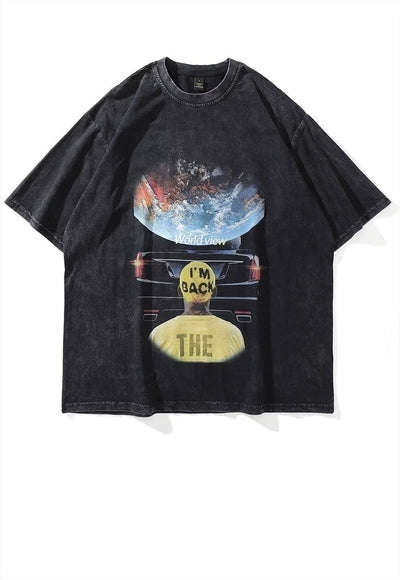 Earth print t-shirt space tee retro grunge top in acid grey