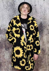 Daisy fleece jacket retro sunflower floral trench coat black