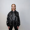 Faux leather motorcycle jacket contrast stitching biker jacket premium rocker varsity 80s racing college bomber in black