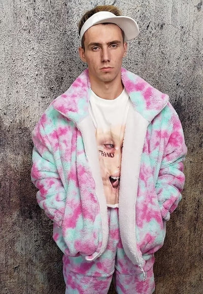 Reversible fleece bomber handmade tiedye sports jacket pink