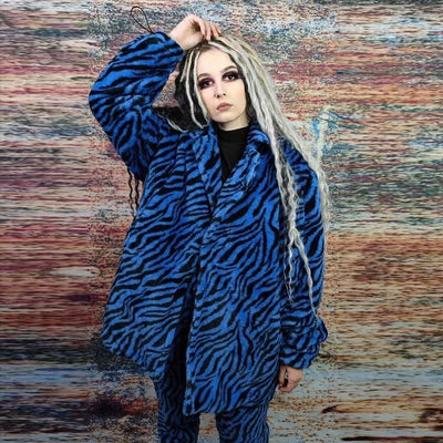 Zebra fleece coat handmade 2in1 stripe trench jacket in blue