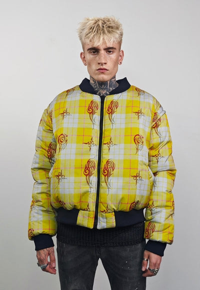 Tattoo print varsity jacket yellow check reversible bomber