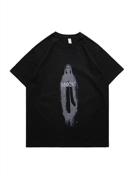 Innocent slogan t-shirt Virgin Mary tee saint top in black