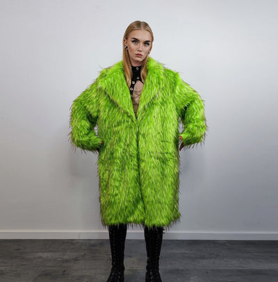 Shaggy faux fur longline coat neon trench bright raver bomber fluffy winter fleece luminous festival jacket burning man fuzzy coat in green