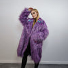 Shaggy faux fur lavender coat long neon trench bright raver bomber fluffy winter fleece luminous festival jacket burning man overcoat purple