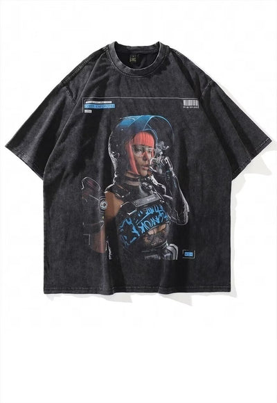 E-girl t-shirt cyber punk print tee grunge raver top in grey