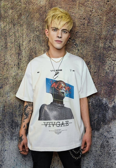 Raver t-shirt cyber punk tee grunge robot print top in white