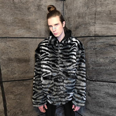 Zebra fleece jacket faux fur stripe fluffy bomber in black