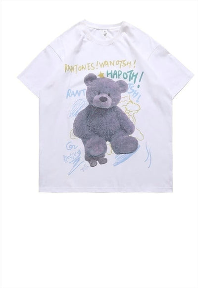 Teddy print t-shirt grunge bear tee skater slogan top white