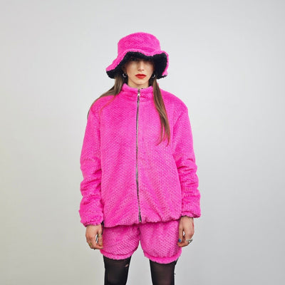 Embellished fleece track jacket pink reversible bomber two sided glitter tracksuit black luminous festival coat shiny overcoat fluffy top