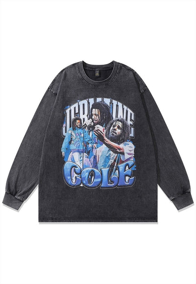 Hip-hop t-shirt vintage wash rapper long tee skate top grey