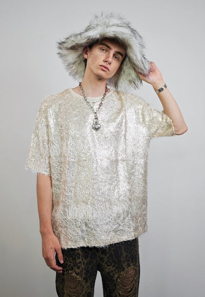 Fluffy party top golden shiny luminous fuzzy rave jumper