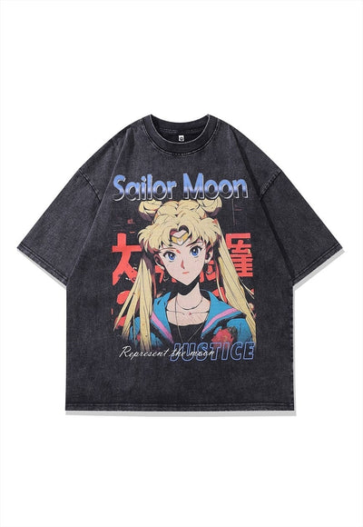 Sailor Moon t-shirt anime print tee retro Japanese top grey