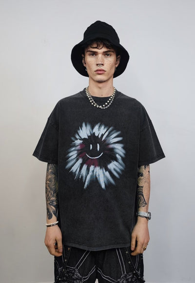 Sun print t-shirt graffiti emoji tee grunge raver top grey