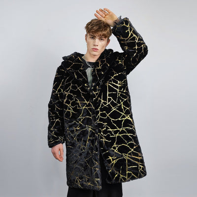 Golden foil long coat hooded metallic painted trench going out bomber detachable party fleece removable sleeves burning man jacket in black