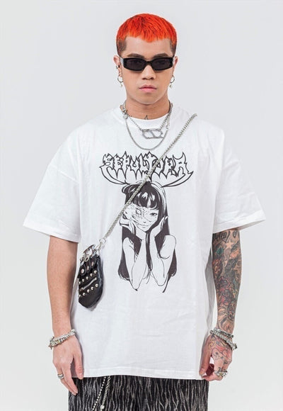 Anime t-shirt retro Gothic tee Korean cartoon top white