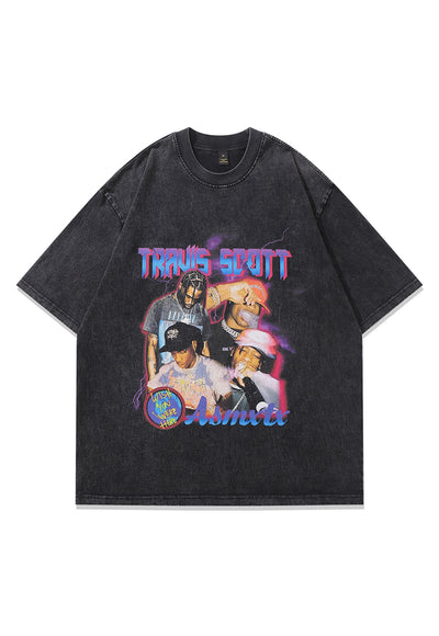 Travis Scott t-shirt vintage tee rapper print top hip-hop jumper in acid grey