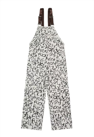 Punk dungarees graffiti print overalls jean playsuit white