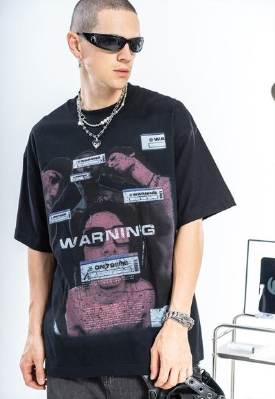 Warning sign t-shirt retro rave tee street style punk top