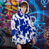 Cow print fleece jacket handmade detachable fluorescent fluffy bomber faux fur animal print coat in 2 in 1 festival jacket in blue white
