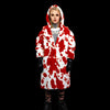 Cow print faux fur long coat hooded spot print trench rave bomber detachable fleece festival removable sleeves burning man jacket red white
