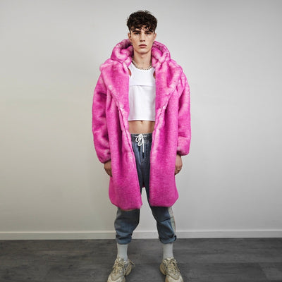 Pink fur coat neon long trench fluorescent psychedelic overcoat heavy rave bomber festival geometric jacket custom going out bright peacoat