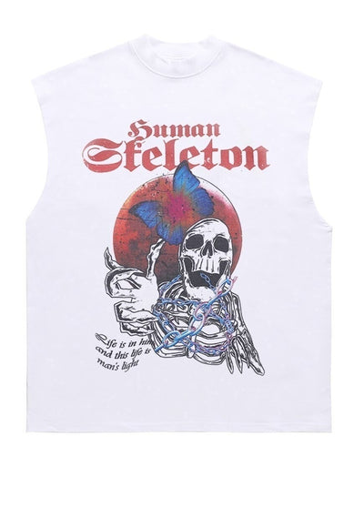 Skelton print tank top surfer vest retro sleeveless t-shirt