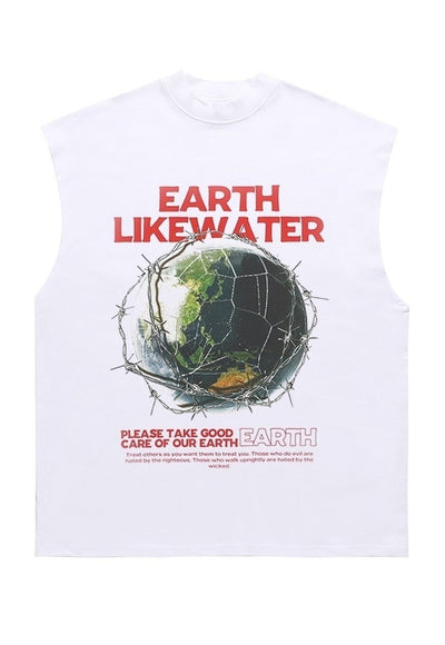 Earth print sleeveless t-shirt retro tank top surfer vest