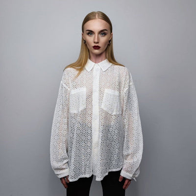 See-through shirt long sleeve transparent crochet blouse sheer party top curved button up transparent festival mesh top in white