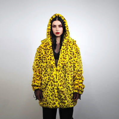 Yellow leopard jacket faux fur trench oversize animal print coat festival overcoat furry peacoat jaguar bomber lynx psychedelic rave fleece