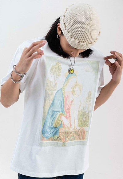 Baroque print t-shirt faded retro religion tee virgin top