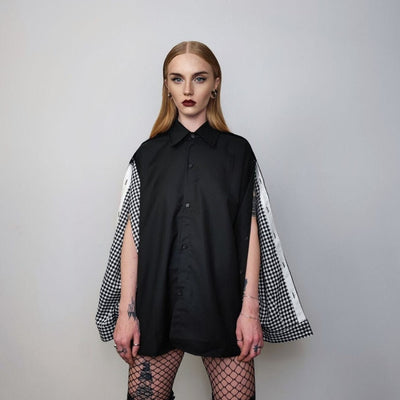 Checked utility shirt split sleeve gothic top unusual catwalk blouse punk rocker jumper gingham sleeves pullover button up shirt in black