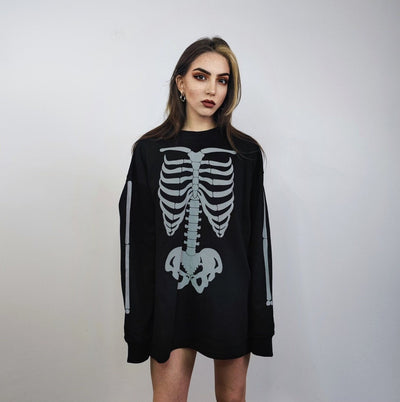 Rib bones t-shirt reflective skeleton sweatshirt thin gothic top luminous skull jumper shiny rave sweater punk pullover rocker tee in black