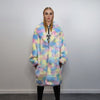 Faux fur long unicorn coat rainbow trench pastel raver bomber fluffy winter tie-dye fleece festival jacket burning man barbie coat pink blue