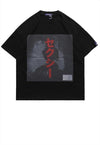 Manga print t-shirt anime silhouette retro tee in black