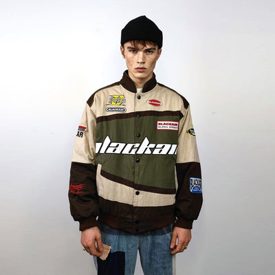 Racing denim jacket patch padded motorcycle bomber in brown