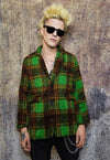 Plaid fleece blazer woollen check jacket retro bomber green