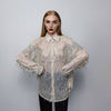 Transparent sequin mesh shirt long sleeve tassels blouse sheer catwalk jumper party see-through top curved shiny festival top in cream