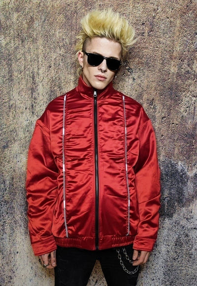 Gorpcore bomber jacket reflective utility varsity in red