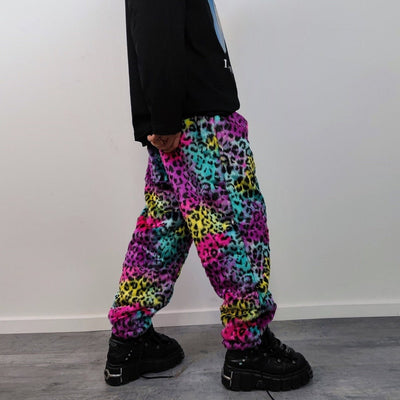 Leopard faux fur joggers winter raver pants fluffy animal print trousers skiing fleece overalls festival bottoms burning man pants pink blue