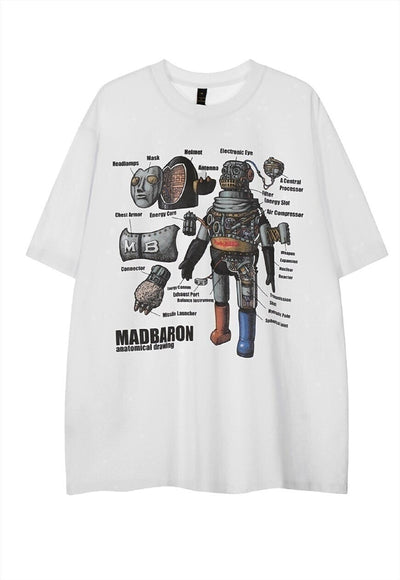 Robot print t-shirt cyber punk tee anatomy retro top white