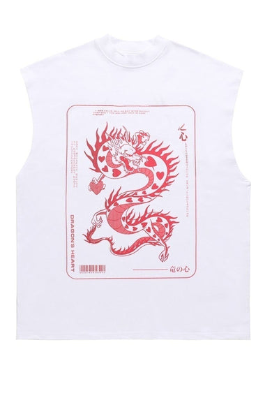 Dragon print sleeveless t-shirt retro tank top surfer vest