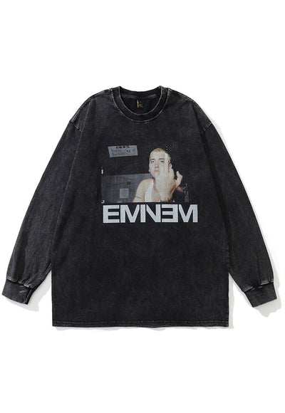 Rapper t-shirt Eminem print long sleeve tee in acid black