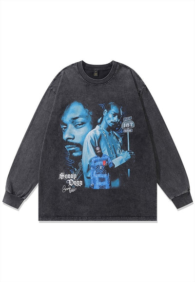 Vintage wash rapper t-shirt long hip-hop tee skater top grey