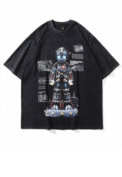 Robot t-shirt old computer print tee grunge top in acid grey