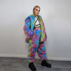 Rainbow faux fur joggers unicorn raver pants fluffy psychedelic trousers ski fleece tie-dye overalls festival bottoms burning man pants blue