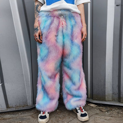 Tie-dye faux fur joggers luxury fleece party pants handmade Barbie trousers fluffy premium festival overalls in pastel pink