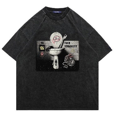 Vintage wash punk t-shirt toilet print top grunge rocker jumper retro raver tee in acid grey